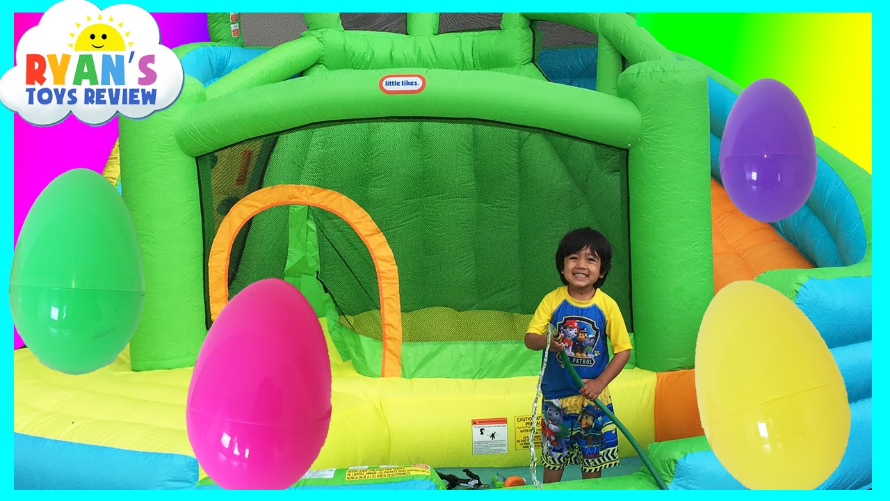HUGE EGGS Surprise Toys Challenge with Inflatable water slide