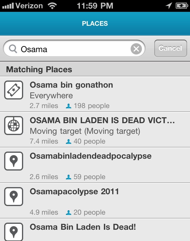 Los usuarios de Foursquare hacen chekin en un mundo sin Osama Bin Laden