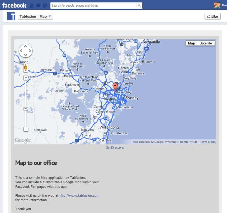 Tabfusion ofrece mapas de Google para Facebook Pages
