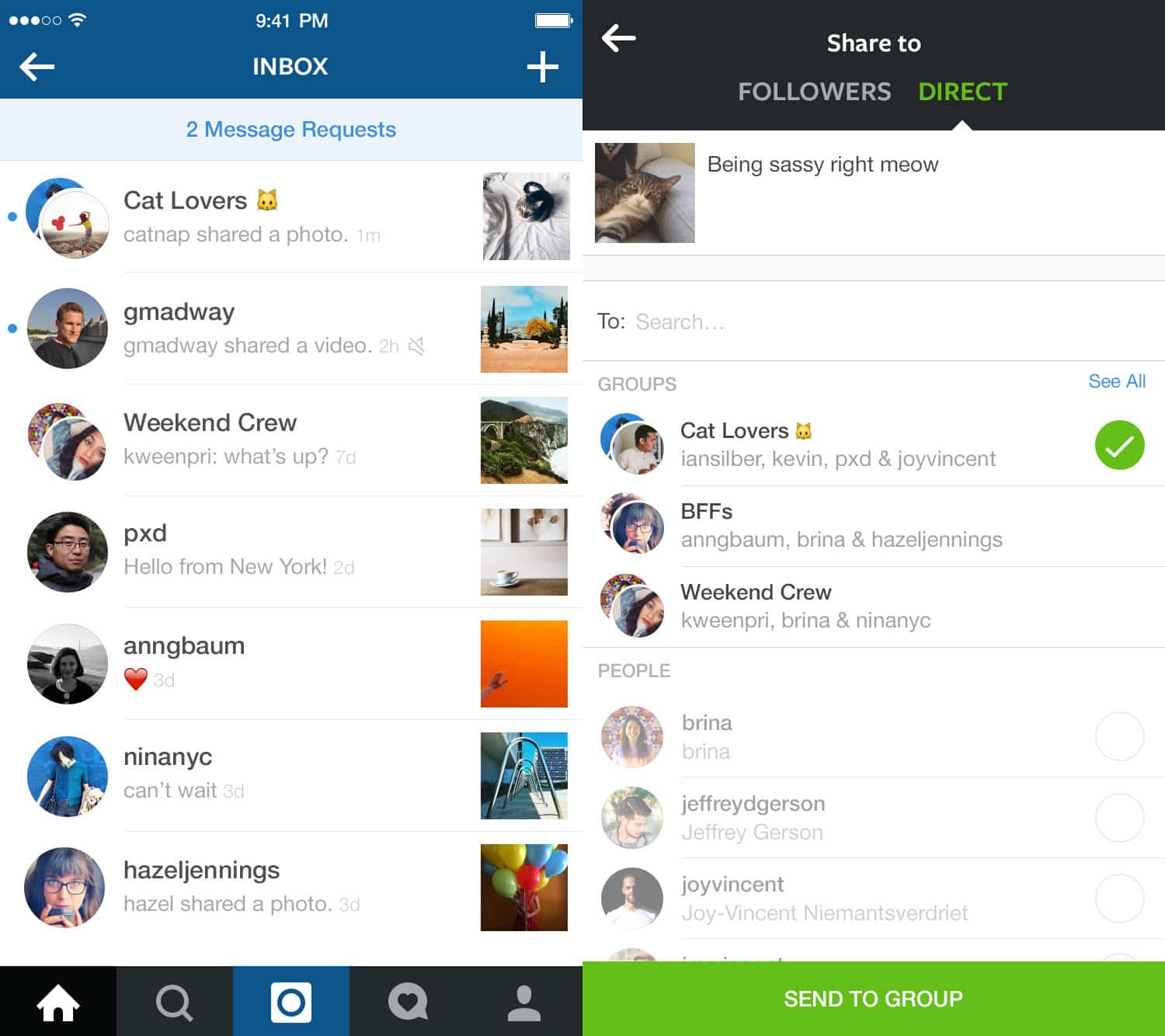 Nuevas mejoras para el servicio "Instagram Direct" 2 Captura de movil de envio de mensajes a grupos en Instagram Direct