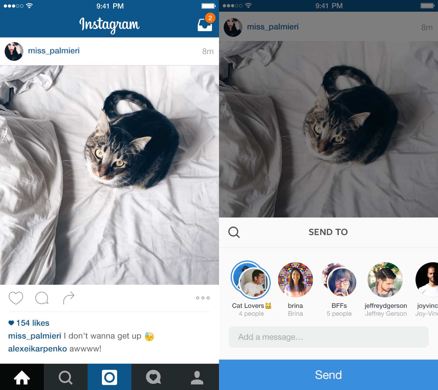 Nuevas mejoras para el servicio "Instagram Direct" 1 Captura de movil de envio de mensajes con Instagram Direct