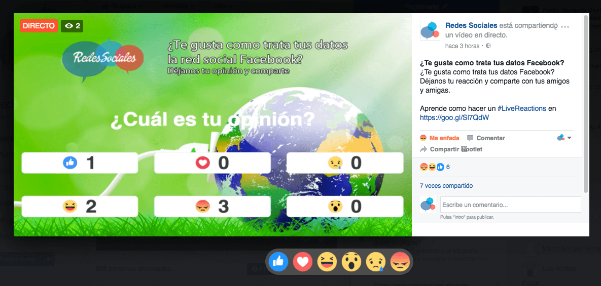 Facebook Live con contador de reacciones