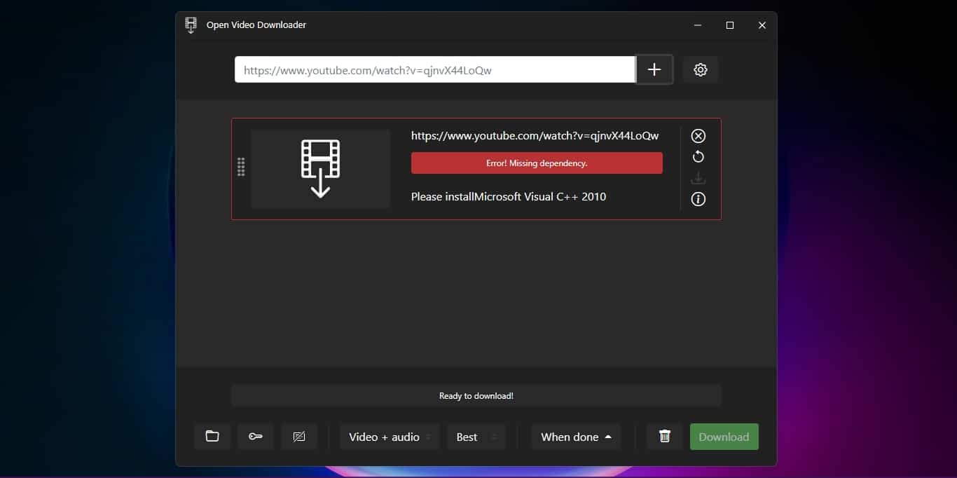 mensaje error open video downloader