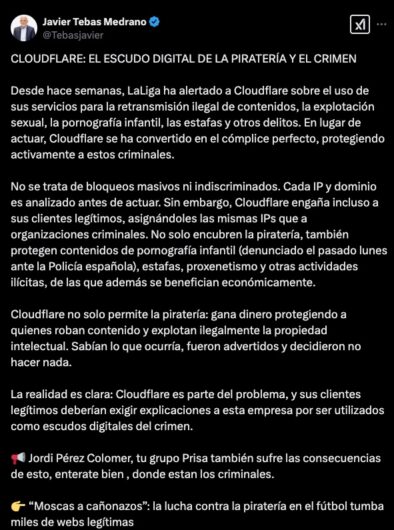 Captura de publicación en X (Twitter) de Javier Tebas Medrano. Cloudflare: El escudo digital de la piratería y el crimen