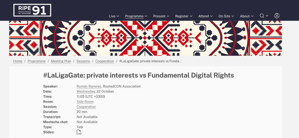 Los bloqueos masivos de webs “por el fútbol” llegan a RIPE: LaLigaGate se expondrá en RIPE 91 (Bucarest) 1 Captura de pantalla 2025 10 21 a las 9.13.44