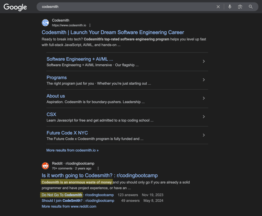 Un solo moderador, tres canales de influencia y un derrumbe de ingresos: el caso Codesmith que pone a prueba la reputación en la era Reddit-Google-ChatGPT 1 Codesmith Google Search Result