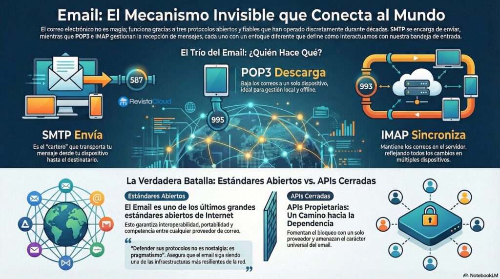 El correo electrónico por dentro: qué hacen SMTP, POP3 e IMAP (y por qué siguen siendo importantes) 1 email protocolos infografia