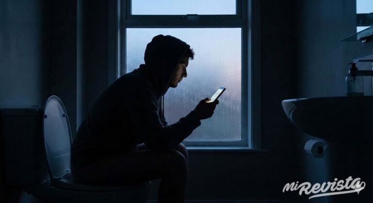 usando movil cagar inodoro